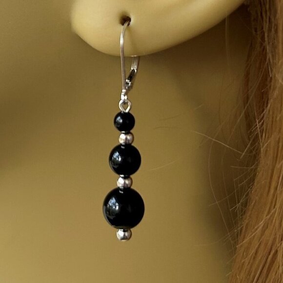 Black Onyx Earrings Sterling Silver Leverbacks for Women Handmade in USA - Picture 4 of 4